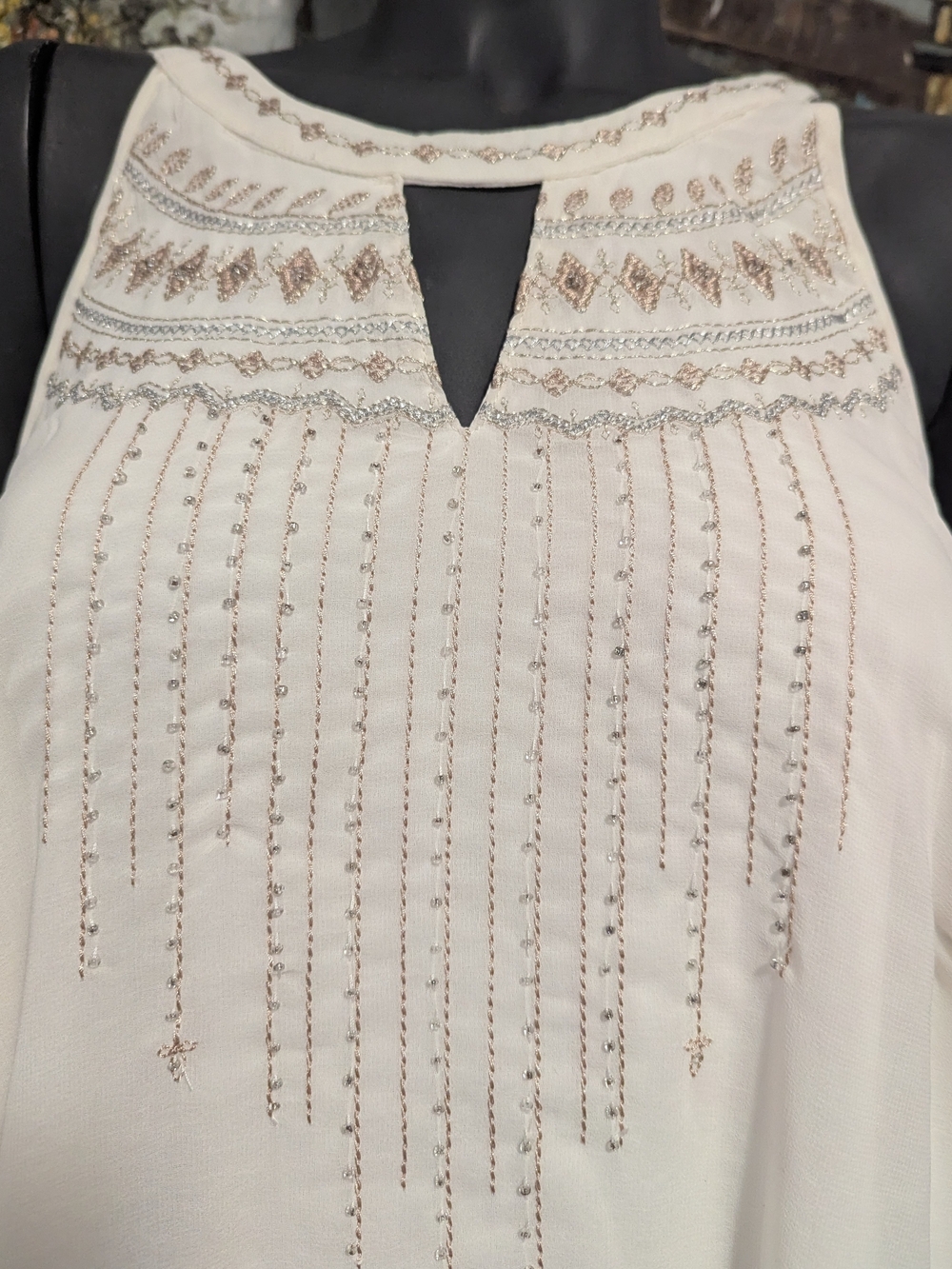 Embellished Cream Sleeveless Keyhole Women's Top